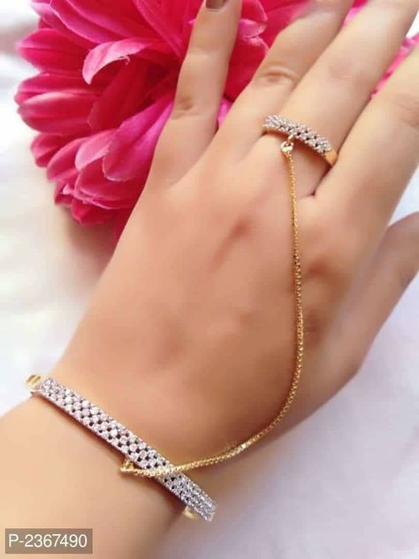 Bracelet With Ring Attached, Bracelet With Ring, American Diamond Ring, Latest Bracelets, Chic Bracelet, Bangles Bracelets, Stylish Bracelet, Fancy Jewellery, Gold Earrings Designs