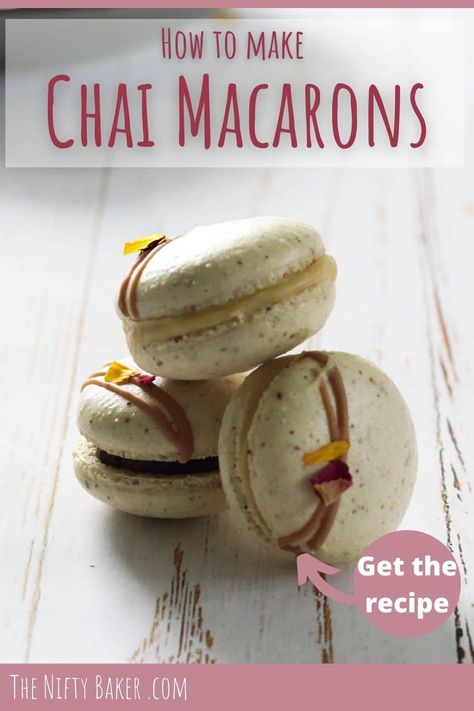 Chai Latte Macarons – The Nifty Baker Macaron Template, Patty Cake, Balloon Whisk, Macaron Cookies, Macaroon Recipes, Macaron Recipe, Salted Chocolate, Chai Spice, Chai Latte