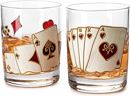 Amazon.com | The Wine Savant Playing Cards Drinking Glasses - Artisanal Hand Painted Players Casino Set of 2 Water, Wine & Whiskey Glasses Crystal Glassware - Gift Idea for Him, Birthday, Housewarming - 12oz: Wine Glasses Glow Paint, Barware Accessories, Hand Painted Glasses, Stocking Stuffers For Men, Poker Night, Cocktail Glassware, Painted Glasses, Crystal Glassware, Whiskey Glasses