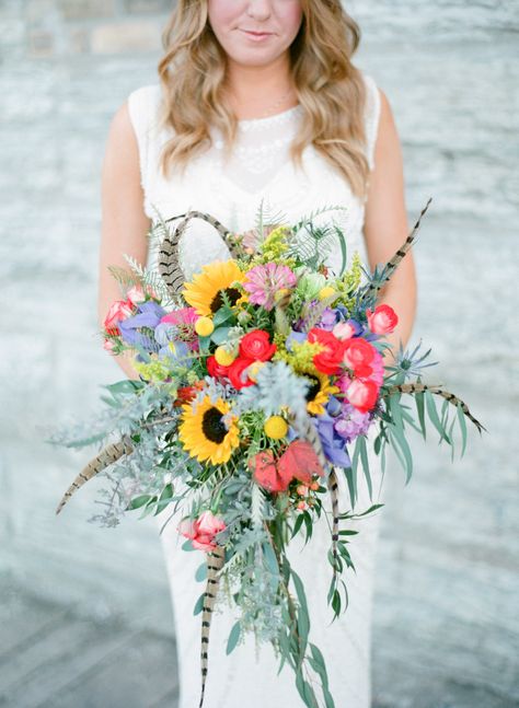 Colorful Bridal Bouquet with Sunflowers and Feathers Colorful Bridal Bouquet, Feather Bouquet, Wildflower Wedding Bouquet, Cascading Wedding Bouquets, Sunflower Wedding Bouquet, Romantic Bouquet, Waterfront Wedding, Wildflower Bouquet, Wildflower Wedding