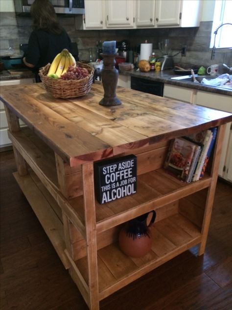 Rustic kitchen island Home Made Kitchen Island, Non Permanent Kitchen Island, Handmade Kitchen Island, Diy Wooden Kitchen Island, Build Your Own Kitchen Island Rustic, Rustic Kitchen Island Farmhouse Style, Portable Kitchen Island With Seating, Diy Rustic Kitchen Island, Kitchen Island Made From Pallets