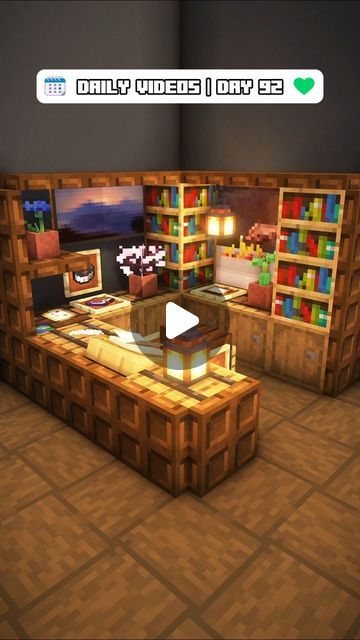 Desk In Minecraft, Minecraft Storage Organization, Minecraft Foyer Ideas, Storage Room Minecraft Ideas, Basement Minecraft, Minecraft Office Ideas, Minecraft Bookshelf Ideas, Chair Minecraft, Desk Minecraft