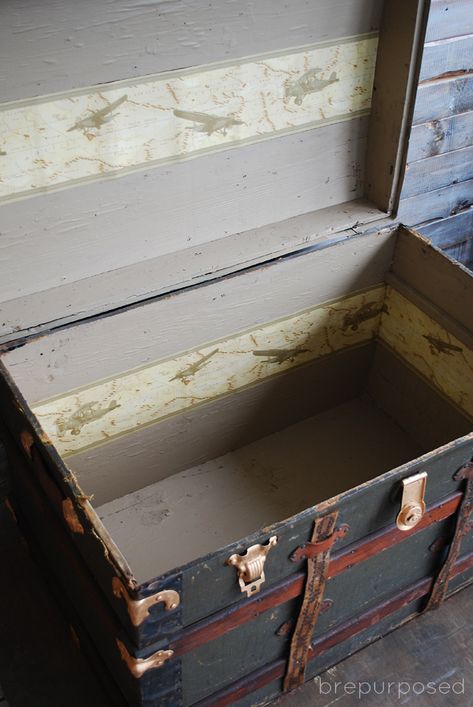 See how I update the inside of this old trunk with some simple wall border to add something extra! Old Chest Ideas Antique Trunks, Old Trunk Redo, Antique Trunk Makeover, Trunk Redo, Diy Storage Trunk, Antique Trunk Restoration, Trunk Makeover, Vintage Steamer Trunk, Trunk Ideas