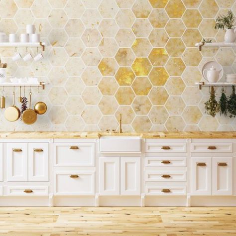 Hallway Wallpaper - Wall Murals for Hallway (Page2) • Wallmur® Honeycomb Interior Design, Honey Theme Kitchen, Honeycomb Wall Paint, Yellow Kitchen Backsplash Ideas, Honeycomb Home Decor, Honey Themed Kitchen, Bee Inspired Kitchen, Bumble Bee Kitchen Theme, Honey Colored Walls