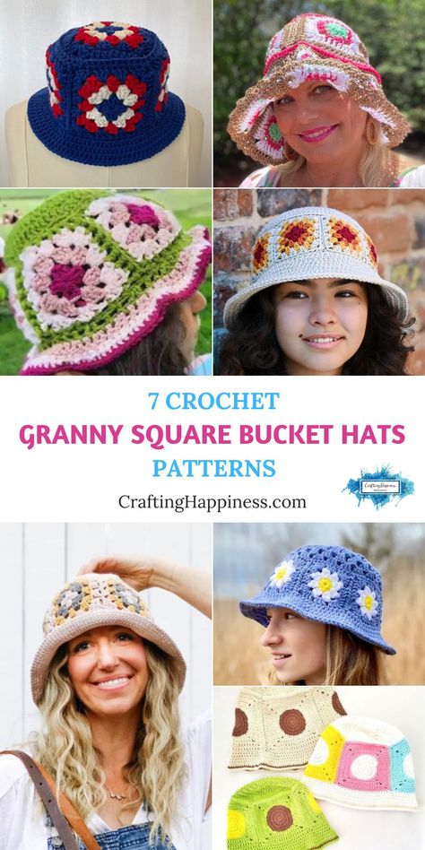 Find out the on-trend crochet granny square bucket hats to make this summer. Crochet patterns curated by Crafting Happiness. Crochet Granny Square Bucket Hat Free Pattern, Crochet Granny Square Bucket Hat Pattern, Crocheted Bucket Hat Free Pattern, Crochet Granny Square Hat Free Pattern, Granny Square Bucket Hat Pattern Free, Granny Square Hat Pattern Free, Free Crochet Bucket Hat Patterns, Granny Square Bucket Hat Pattern, Bucket Hat Patterns