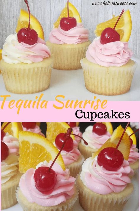 Super light and delicious Tequila Sunrise Cupcakes with orange and cherry! #tequila #tequilasunrise #orangecupcakes Tequila Cupcakes, Boozy Cupcakes Recipes, Alcohol Cake, Boozy Cupcakes, Alcoholic Desserts, Pudding Shots, Boozy Desserts, Gourmet Cupcakes, Cupcake Flavors