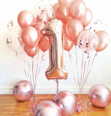 Rose Gold Number Balloons, Number Balloons Birthday, Gold Number Balloons, First Birthday Balloons, 1st Birthday Girl Decorations, Gold Foil Balloons, 1st Birthday Party For Girls, Gold First Birthday, Birthday Pics