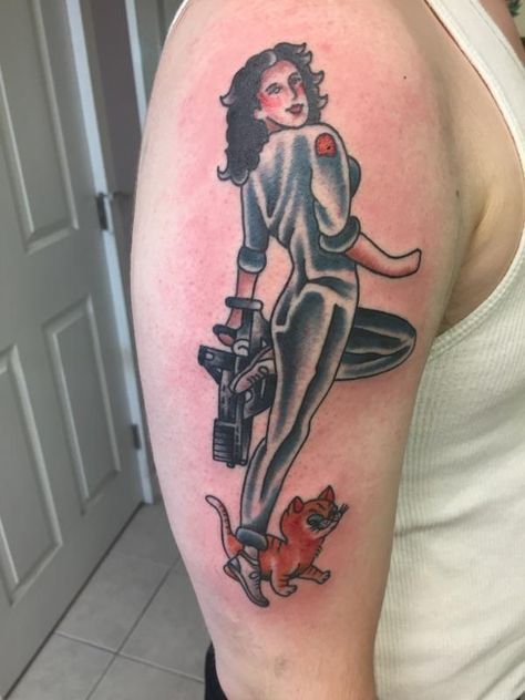 My very first tattoo (for my birthday)! Ellen Ripley pinup by Derik Snell at Flying Tiger Tattoo in New Britain CT. Ellen Ripley Tattoo, Ripley Tattoo, Gnarly Tattoos, Ellen Ripley, Flying Tiger, Tiger Tattoo, First Tattoo, Cat Tattoo, My Birthday