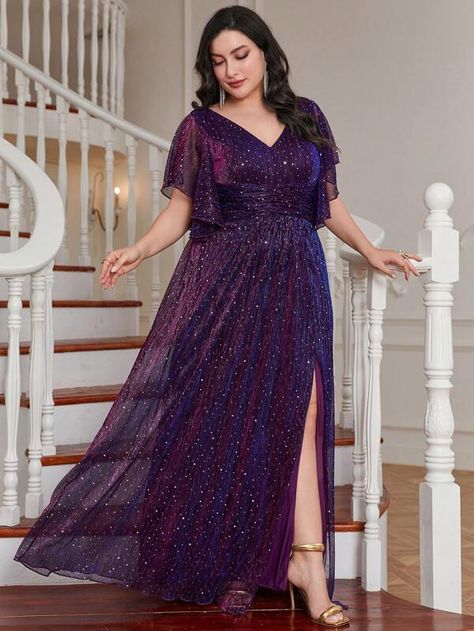 Plus Butterfly Sleeve Split Thigh Sequin Formal Dress | SHEIN USA Bridesmaid Dress For Plus Size, Dress For Plus Size, Glitter Party Dress, Wedding Bridesmaid Dress, Plus Size Bridesmaid, Middle Age Fashion, Glitter Party, Plunging Neck, Butterfly Sleeve