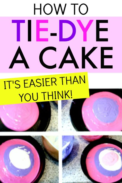 How to tie dye cake for an easy cake recipe for perfect tie dye birthday cake, baby shower cake and more! (You can use the same technique for tie dye cupcakes too!) Add this to your fun kids dessert ideas. #cakerecipes #tiedye #desserts #cakes Birthday Cake Tie Dye, Tie Dye Cake Diy, Tie Dye Icing Technique, Tye Dye Cakes Birthdays, Aphmau Birthday Cake Ideas, How To Make A Tie Dye Cake, Tie Dye Cakes Ideas, Tye Dye Cake Ideas, Tie Dye Cake Frosting