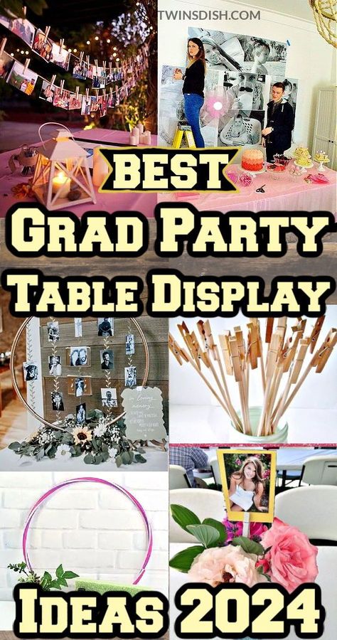 These Graduation party table display ideas are a simple way to show off your senior pictures. Graduation Party ideas for photo boards, collages, table centerpieces, memory tables, photo back drops and booths that are easy to Diy on a budget but look expensive. Create a cute Graduation Party aesthetic with these easy table decorations for all of your photos and senior memories. Picture Collage For Graduation Party, Centerpiece Picture Displays, Graduate Display Table Ideas, Grad Party Photo Centerpieces, Graduation Boards Ideas, How To Display Photos On A Table, Graduate Table Ideas, Graduation Reception Table Ideas, Senior Recognition Table Ideas