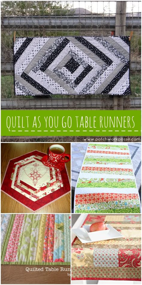 quilt as you go table runners- learn a new technique with a medium sized project. Table Runners Diy Easy, Table Runner Patterns, Quilted Table Runners Christmas, Table Runner Tutorial, Table Topper Patterns, Table Runner Diy, Fabric Crafts Diy, Crochet Table Runner Pattern, Quilted Table Runners Patterns