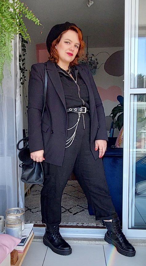 Queer Goth Aesthetic, Plus Size Nb Fashion, Nonbinary Goth Outfits, Plus Size Office Goth, Corp Goth Work Outfits Plus Size, Plus Size Alt Fashion Masc, Emo Formal Outfit, Mid Size Dark Academia, Fat Butch Fashion