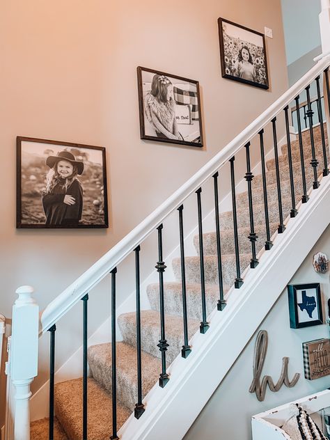 Pictures Up The Staircase, Horizontal And Vertical Picture Wall, How To Hang Pictures On Staircase Wall, Square Photos Up Staircase, Family Staircase Pictures, Stair Picture Wall Layout, Pictures Going Up Staircase, Stair Case Wall Decor, Up The Stairs Wall Decor Ideas