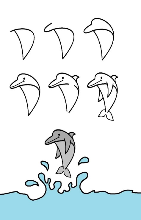 Drawings Of Dolphins, Drawing In Water, Draw A Dolphin, How To Draw Nature, Hand Art Projects, Cool Drawings For Kids, Preschool Creative Art, Dolphin Drawing, رسم كاريكاتير