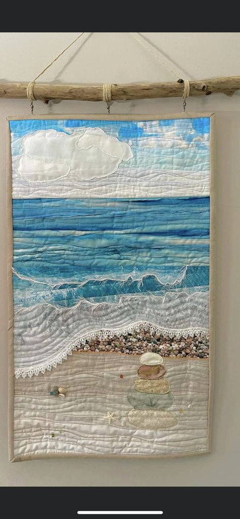 Beach Scene Quilts, Seaside Textile Art, Embroidered Beach Scene, Ocean Quilts Ideas, Beach Themed Quilts, Tropical Quilts, Seascape Quilts, Textile Art Quilt, Ocean Quilt