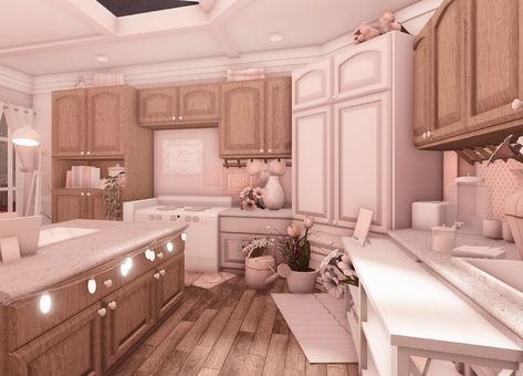 Bloxburg Kitchen Layout Ideas, Bloxburg Pink Kitchen Ideas, Bloxburg House Decor Ideas Kitchen, Blush Bloxburg House Interior, Bloxburg Kitchen Ideas Cottage Core, Bloxburg Kitchen Ideas 4x4, Bloxburg Pink Kitchen, Big Bloxburg Kitchen Ideas, Bloxburg Blush House Layouts 2 Story