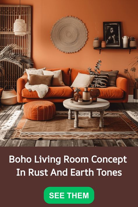 Explore the warmth and charm of a boho living room with this concept in rust and earth tones. Create a cozy and inviting atmosphere with rich colors and natural textures. Embrace the eclectic style by mixing patterns and adding unique decor elements. Let your space be a reflection of your free-spirited personality with this inspiring design idea. Eclectic Bohemian Living Room, Mismatched Furniture, Bohemian Living Room Decor, Room Concept, Mixing Patterns, Orange Sofa, Boho Interior Design, Bohemian Interior Design, Throw Pillows Living Room