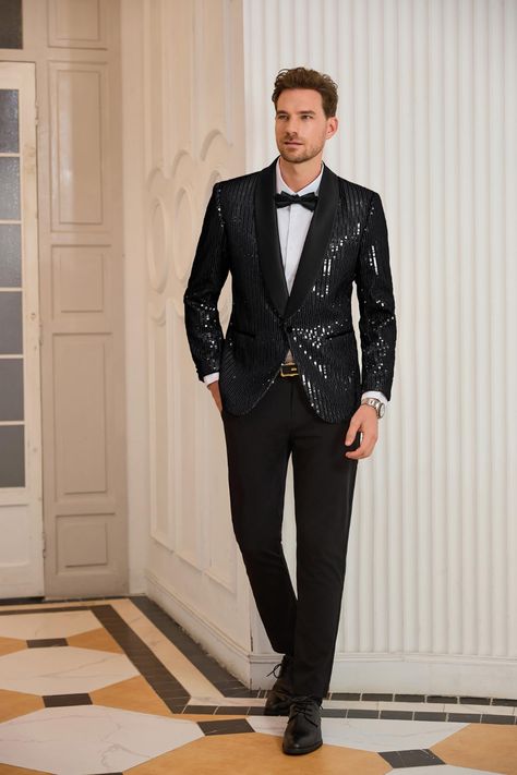 This men's sequin blazer is embellished with high-quality sequins that are well-crafted and solidly sewn on the blazer. The silky lining makes them exceptionally pleasant to wear, giving you both comfort and a distinct look. #men #sequin #shiny #party #club #blazer Mens Sequin Blazer, Sequin Tuxedo Men, Sequin Suits Men, Shiny Suit Men, Sequence Blazer Outfits, Glitz And Glam Party Outfit Men, Party Wear Blazers For Men, Sequence Outfits, Party Wear Blazers