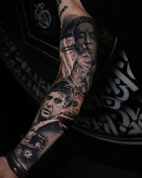 Goodfellas Tattoo Ideas, Gangster Sleeve Tattoo, The Godfather Tattoo, Goodfellas Tattoo, Scarface Tattoo, Mafia Tattoo, Montana Tattoo, Godfather Tattoo, Portrait Tattoo Sleeve