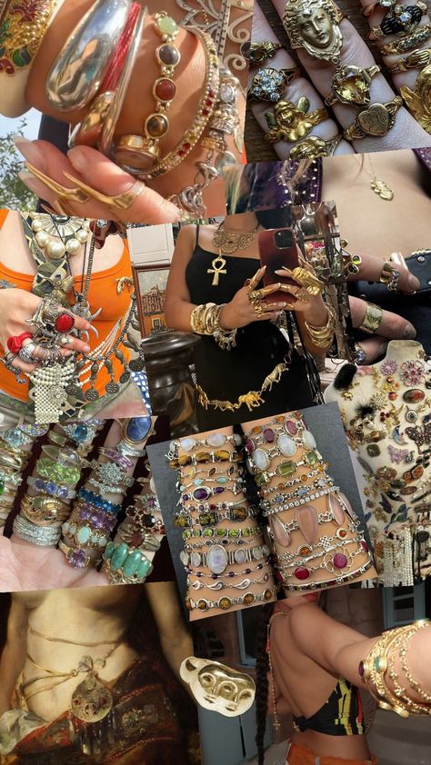 #maximalism #jewellery #gold Maximalist Gold Jewelry Aesthetic, Gold Jewelry Maximalist, Maximalist Bracelets, Gold Maximalist Jewelry, Maximalist Gold Jewelry, Maximalist Jewelry Aesthetic, Jewelery Stacks, Maximalism Jewelry, Making Beaded Jewelry