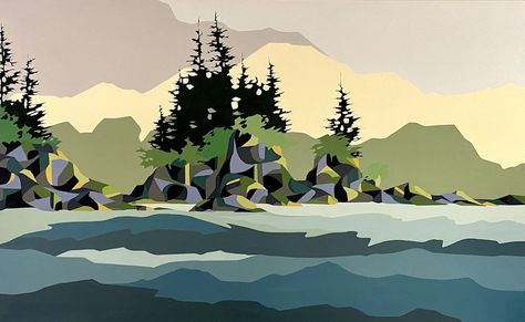 Land of Giants 30x48 West Coast Landscape on canvas — Michelle Barkway Art Coast Landscape, Tree Quilts, Hard Edge Painting, Mountain Landscape Painting, Paint Inspiration, Lake Painting, Deco Salon, Paint Night, Canvas Painting Designs