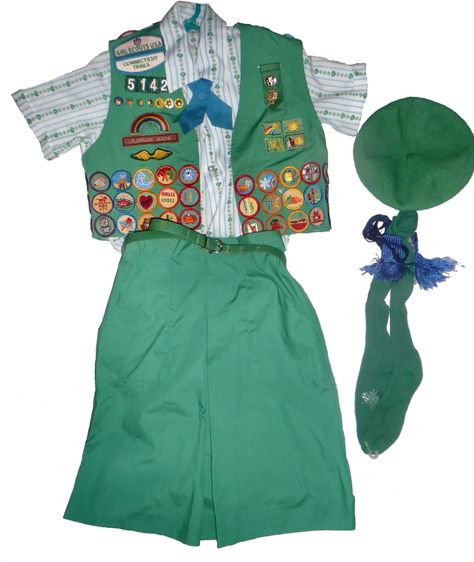 Our daughter's Junior Girl Scout uniform Cookie Ads, 1970s School Uniform, Camp Uniform, Scout Outfit, Girl Scout Daisy Vest, Girl Scout Brownie Vest, Girl Scout Vest, Girl Scout Uniform, Bear Scouts