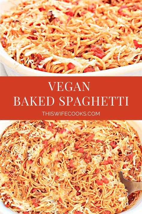 Baked Spaghetti Vegan Baked Spaghetti Recipe, Dairy Free Baked Spaghetti, Vegan Spaghetti Recipes, Vegan Baked Spaghetti, Vegan Potluck Recipes, Alpha Gal, Vegan Ground Beef, Baked Spaghetti Recipe, Vegetarian Spaghetti