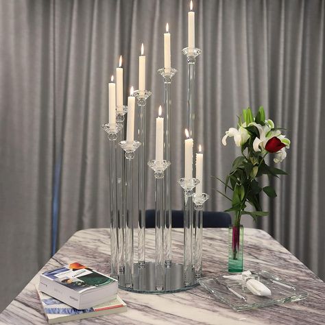 1-Pack) 32" Crystal Table Candelabra Candle Holder-9 Arms, Pillar Taper Candlesticks Centerpiece Decorations w/Round Mirror Base - Perfect for Birthdays, Weddings, Table Decoration, Event Decor Visit the Azure Sk Candlesticks Centerpiece, Practical Wedding Gifts, Crystal Centerpieces Wedding, Wedding Reception Tables Centerpieces, Candlestick Centerpiece, Glass Candelabra, Decoration Event, Crystal Centerpieces, Crystal Table