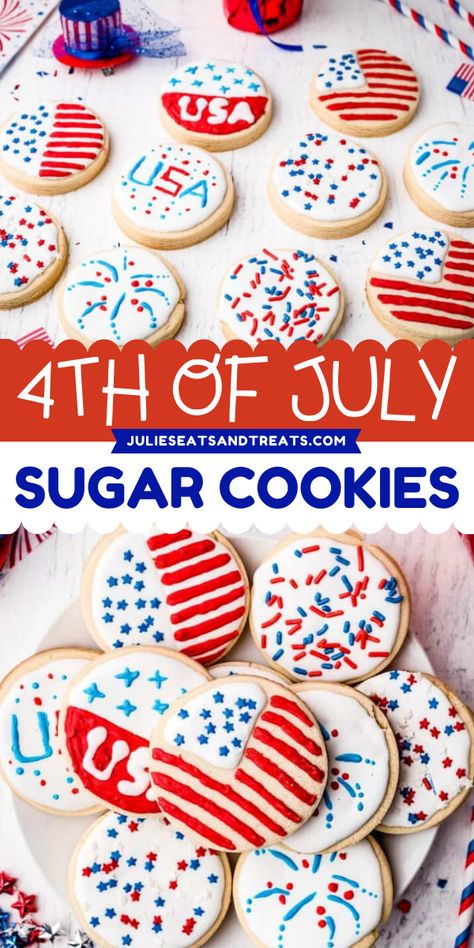 Want more easy 4th of July recipes? These thick 4th of July sugar cookies are perfect for decorating with royal icing. Serve this simple 4th of July dessert that everyone will think it's from a fancy bakery! Thick Sugar Cookies, Patriotic Sugar Cookies, 4th Of July Dessert, Patriotic Cookies, Best Sugar Cookie Recipe, Patriotic Desserts, Sugar Cookie Royal Icing, Sugar Cookie Icing, 4th Of July Desserts