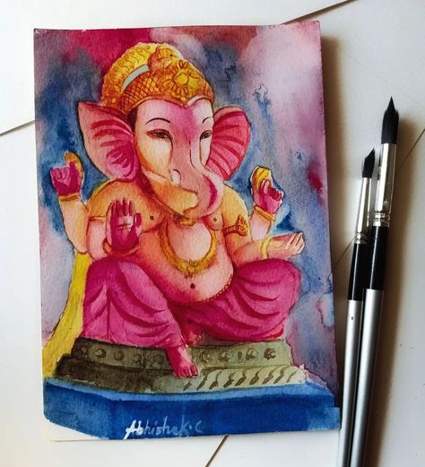 Ganpati watercolour artwork, ganesh chaturthi, drawing, art, ganpati bappa❤️🙏🏼 Ganesha Watercolor, Ganpati Drawing, Water Colour Art, Ganesh Ji, Colour Art, Watercolor Paintings Easy, Ganpati Bappa, Madara Uchiha, Cute Easy Drawings