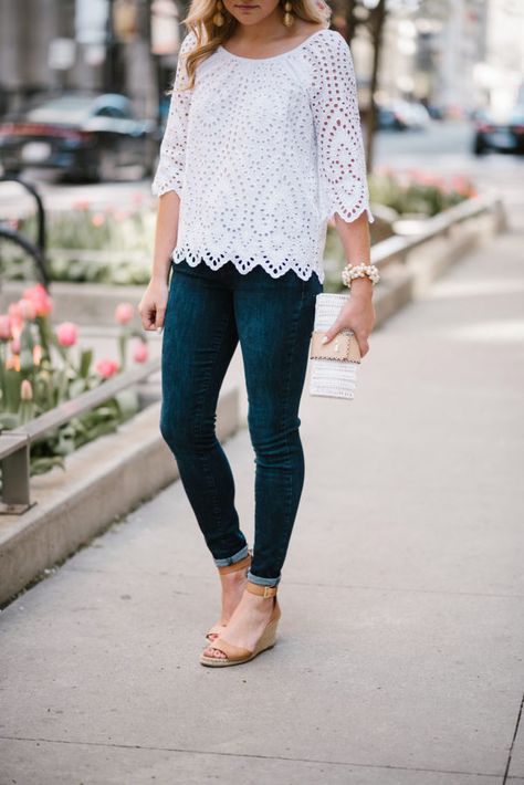 Vineyard Vines Eyelet Top + Vince Camuto Espadrilles | bows & sequins Eyelet Top Outfit, White Eyelet Top, Chicago Fashion, Eyelet Top, Top Outfit, Weekend Outfit, White Eyelet, Lace Tops, Vineyard Vines