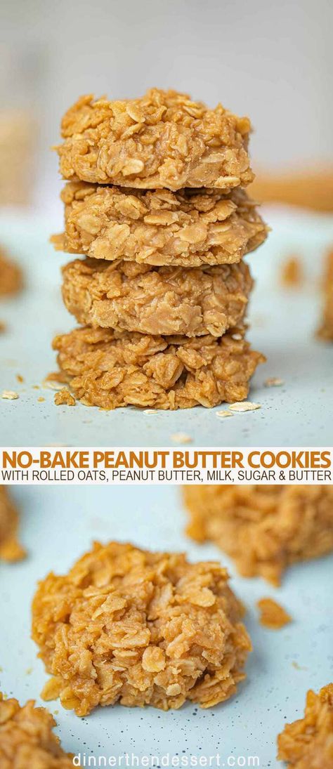 No Bake Peanut Butter Cookies are made with rolled oats, peanut butter, milk, sugar and butter, these are part cookie, part energy bar and part candy! #cookies #peanut #peanutbutter #nobakecookies #peanutbuttercookies #nobakedessert #dessert #dinnerthendessert Peanut Butter Overload Cookies, Vegan No Bake Peanut Butter Oatmeal Cookies, Penutbutter Cookes, Peanut Butter Cookies With Natural Pb, Reese’s Pieces Peanut Butter Cookies, Peanut Butter No Bake, Homemade Vanilla Ice Cream, Peanut Recipes, Homemade Sweets