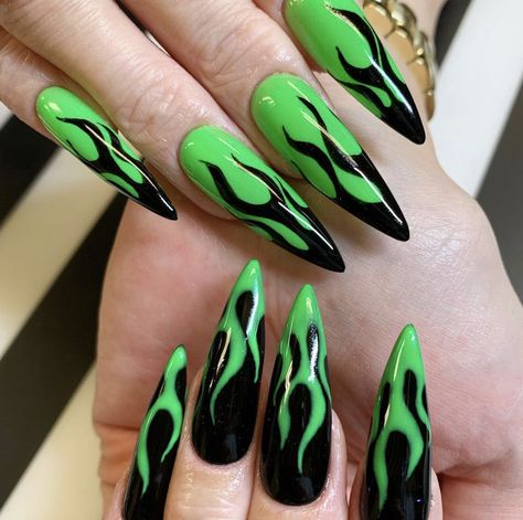 Black And Neon Green Nails Ideas, Long Green Nail Ideas, Black N Green Nails, Short Gothic Almond Nails, Black Neon Green Nails, Flame Nails Green, Neon Green Black Nails, Black And Green Stiletto Nails, Green Neon Nails Design