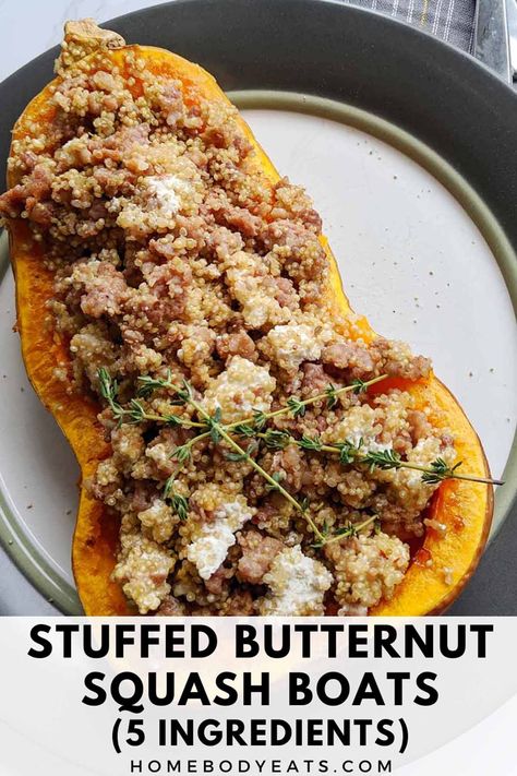 I'm obsessed with this easy and delicious butternut squash recipe. The squash boats are roasted in the oven and then stuffed with sausage, quinoa, and goat cheese. This is the perfect easy fall weeknight meal. Butternut Squash Oven, Butternut Squash Dinner, Heathy Eats, Stuffed Butternut Squash, Fall Recipes Appetizers, Stuffed Butternut, Fall Crockpot Recipes, Baked Butternut Squash, Easy Autumn Recipes