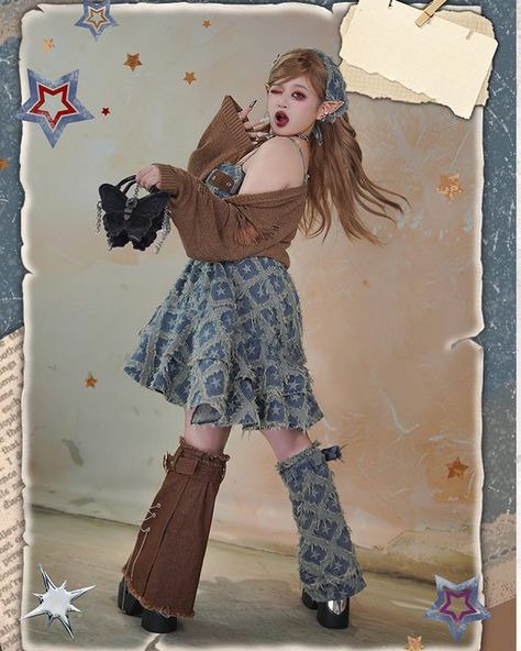 🤎Plus size friendly lucky stars punk rock basque waist denim dress. 🥳Matching with leg warmers, distressed holes cardigan and skirt. 👉Search' BC-HC-643' on devilinspired.com #devilinspired #kawaii #kawaiiaesthetic #kawaiidress #kawaiifashion Denim Leg Warmers, Basque Waist, Kawaii Dress, Kawaii Aesthetic, Lucky Star, Kawaii Fashion, Leg Warmers, Punk Rock, Denim Dress