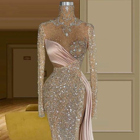 Mermaid Prom Dresses Sparkly, Occasional Outfits, Pink Prom Dresses Mermaid, Side Split Dress, Beaded Evening Gowns, Robes D'occasion, Special Dress, Long Sleeve Evening Gowns, Soiree Dress