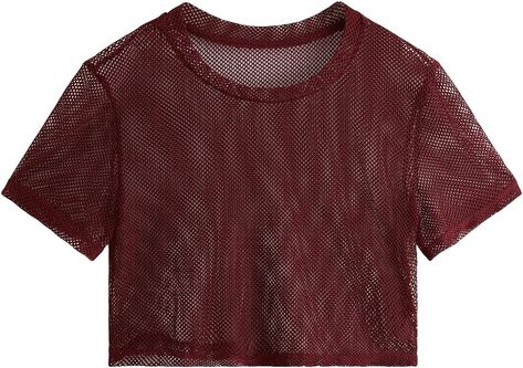 Amazon.com: SweatyRocks Women's Sexy Sheer Mesh Fishnet Net Short Sleeve T-Shirt Crop Top Solid Burgundy S : Clothing, Shoes & Jewelry T Shirt Crop Top, Mesh Blouse, Woman's Fashion, Sheer Shirt, Womens Cami, Casual Sporty, Overalls Women, Sporty Look, Solid Tops