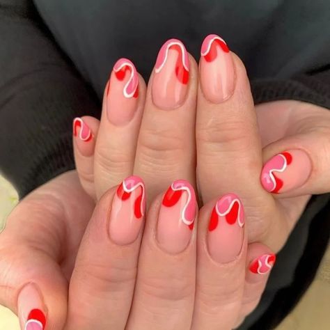 Nails Inspo Red And Pink, Red Pink And White Nails, Nail Art Aesthetic Red, Red Swirl Nails, Red And Pink Nails Ideas, Swirl Aesthetic, Nail Summer, Swirl Nails, Vday Nails