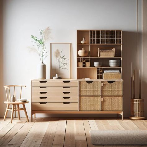 Japandi Dresser Ideas: Sleek Storage Solutions - Mojo Boutique Japandi Storage, Japandi Dresser, Elegant Japandi, Scandinavian Dresser, Japandi Bedroom, Dresser Ideas, Sleek Storage, Japanese Zen, Japandi Style