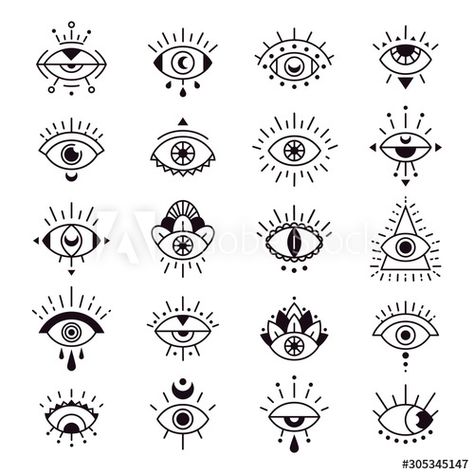 Evil eye sign. Decorative alchemy eyes symbol design, mystic, occult tattoo style vector illustration set - Buy this stock vector and explore similar vectors at Adobe Stock Eyes Symbol, Evil Eye Tattoo, Occult Tattoo, Evil Eye Art, Eye Illustration, Muster Tattoos, Evil Eye Design, Eye Symbol, 흑백 그림