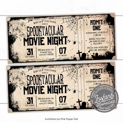 "This listing is for the EDITABLE Spooktacular Backyard Movie Night Halloween Invitation, Ticket Syle Movie Night Party Halloween Invitation, Digital Print Your Own ------------------------------------------------------------------------------------------------- ✻ THIS LISTING IS FOR INSTANT DOWNLOAD AND EDITABLE PDF FILE ✻ ------------------------------------------------------------------------------------------------- Download upon purchase No waiting time! ✻ NO PRINTS ARE INCLUDED IN THIS LIS Halloween Movie Night Party Invite, Halloween Movie Ticket, Halloween Movie Night Invitations, Movie Night Halloween, Halloween Movie Night Party, Fall Cookout, Horror Movie Night, Sleepover Birthday, Halloween Movie Night