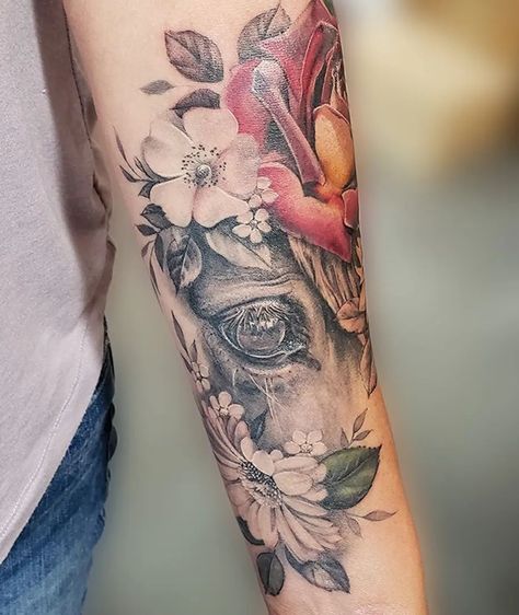 Horse And Floral Tattoo, Sunflower Horse Tattoo, Horse Shoulder Tattoo, Eye Floral Tattoo, Horse Sleeve Tattoos For Women, Flower Horse Tattoo, Horse Tribute Tattoo, Unique Horse Tattoos, Horse Eye Tattoo