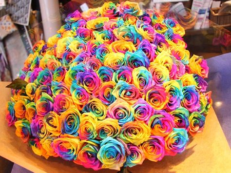 Professional florists give plain flowers new life by using dyes to enrich the original color or to completely give blooms a new shade. Tie Dye Roses, Rainbow Bouquet, Dye Flowers, Rainbow Wedding, Rainbow Roses, So Creative, Elegant Flowers, Beautiful Rainbow, Orchid Flower