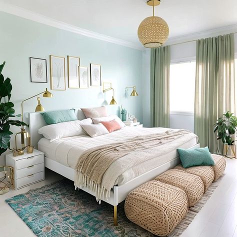 Pastel green walls in a green bedroom.  A different shade of green on the mat below. White green and orange pillows to go with the room. Gold touch aesthetic in the furniture. Plants and art frames on the wall. Green Girly Bedroom, Green Teen Bedroom, Bedroom Ideas Sage, Teen Bedroom Green, Green Girls Bedroom, Bedroom For Teens, Great Amazon Finds, Teen Ager, Girls Bedroom Green