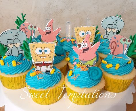 Spongebob Cupcake Cake, Spongebob Cupcakes, Sponge Bob Cupcakes, Shared Birthday Parties, Spongebob Birthday Party Decorations, Spongebob Birthday Cake, Spongebob Cake, Spongebob Birthday Party, Spongebob Party