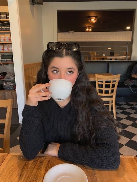 Sitting In Cafe Aesthetic, Coffee Cup Pictures Instagram, Cafe Photography Ideas Coffee Shop, Coffe Pic Ideas, Coffee Pictures Ideas, Sipping Coffee Pose, Breakfast Photo Instagram, Cute Coffee Shop Pictures, Caffe Photo Ideas