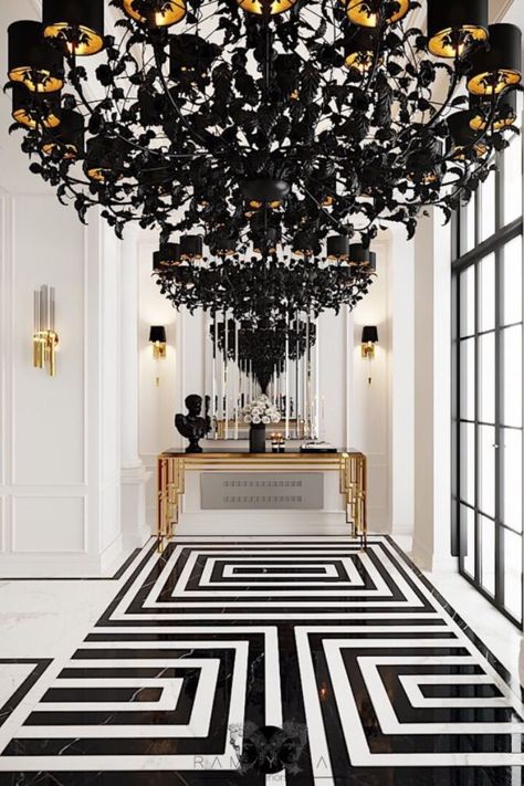 Residence Lobby, Black And White Flooring, White Flooring, Black And White Floor, Decoration Hall, Entrance Hall Decor, درج السلم, Marble Flooring Design, Ideas Baños