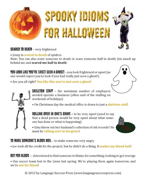 Get in the spirit of Halloween with these spooky American English expressions! Halloween Idioms, Idioms Worksheet, Halloween Lesson, English Expressions, Halloween Worksheets, About Halloween, Phrasal Verbs, English Fun, English Lessons For Kids