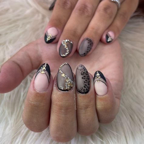 Beautiful sheer black matte nails with shiny leopard print and Swarovski crystals Sheer Black Nails, Black Matte Nails, Sheer Nails, Matte Black Nails, Print Nails, Matte Nails, Black Matte, Black Nails, Nail Ideas